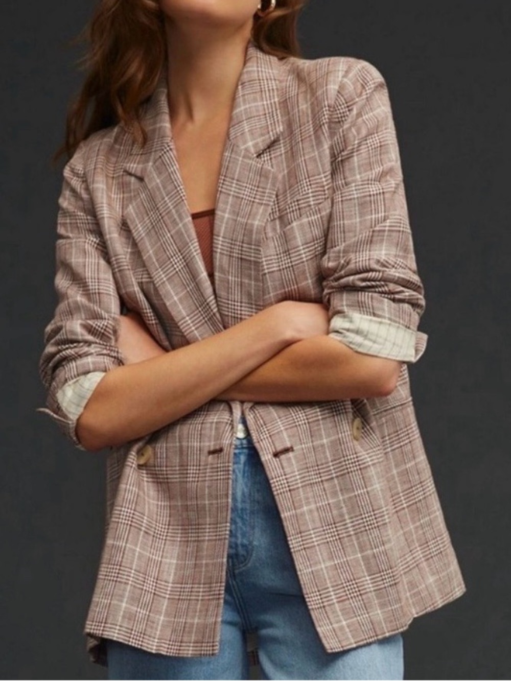 Maeve by Anthropologie Plaid Double Breasted Linen Blend Blazer Brown Check 10
